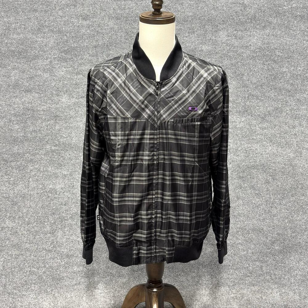 Oakley Jacket Mens Large Black Plaid Lightweight Bomber Full Zip Lined